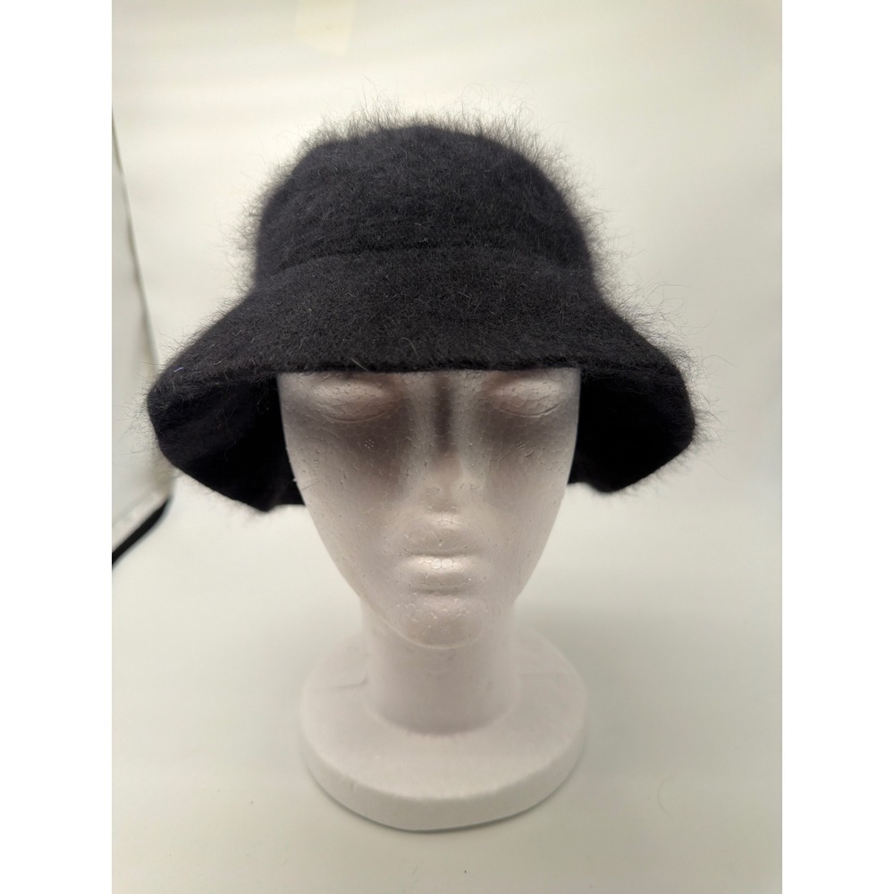Scala Collection Black Angora Wool Blend Fuzzy Bucket Hat Cloche Winter Cap